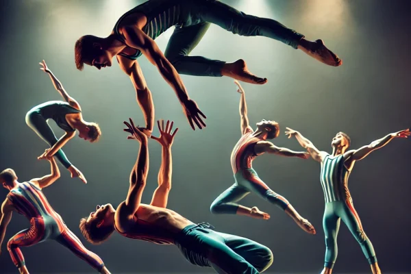 DALL·E 2025-03-11 11.20.47 - A group of acrobats performing a dynamic routine in mid-air. One acrobat is balancing on the hands of another, while a third is executing a backflip.