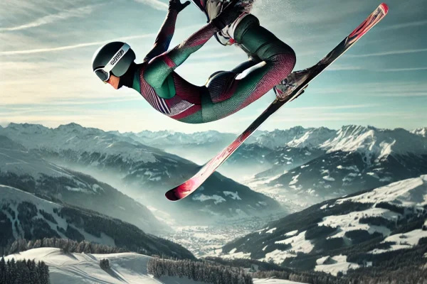 DALL·E 2025-03-11 11.24.19 - A professional Acroski athlete performing an acrobatic maneuver on snowy slopes. The skier is mid-air, executing a graceful spin with skis crossed, ar