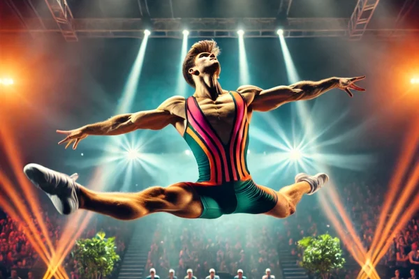 DALL·E 2025-03-11 11.27.51 - A professional Aeróbica Esportiva athlete performing a high-energy routine. The athlete is mid-air, executing a powerful jump with arms extended and l