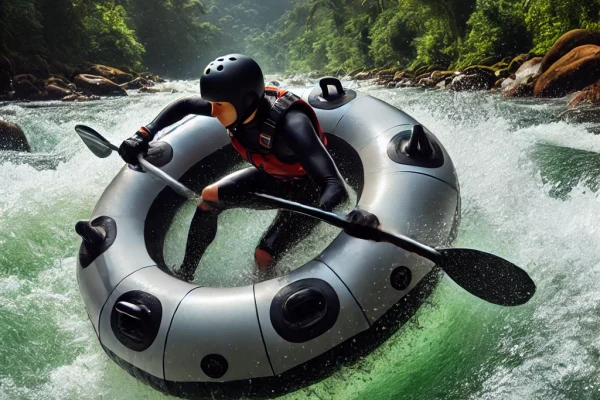 DALL·E 2025-03-11 11.31.26 - An athlete practicing Acquaride, also known as 'passeio aquático,' navigating down river rapids using an oval-shaped inflatable tube. The athlete is g