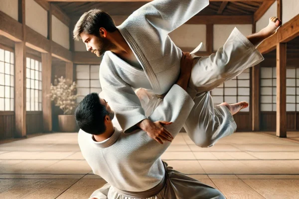 DALL·E 2025-03-11 11.48.06 - A realistic scene of two Aikido practitioners in traditional martial arts uniforms (keikogi and hakama) demonstrating a defensive technique in a dojo