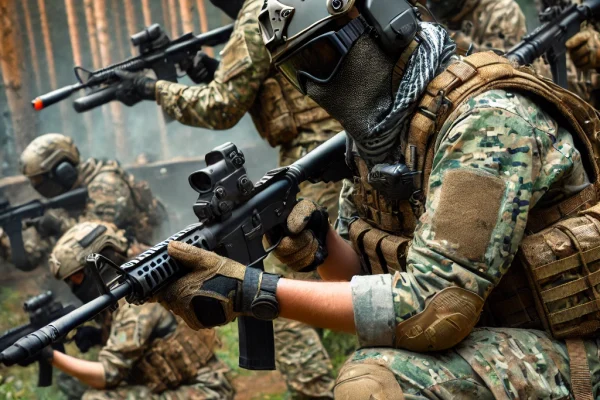 DALL·E 2025-03-11 11.54.13 - A team of Airsoft players in full tactical gear engaging in a simulated combat mission in an outdoor forest environment. They are wearing camouflage u