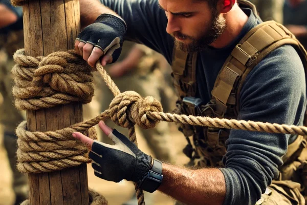 DALL·E 2025-03-11 11.58.39 - A competitive amarração event where a participant is skillfully tying a complex knot around a wooden post. The athlete is wearing a rugged outdoor out