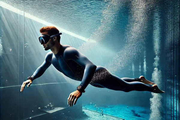 DALL·E 2025-03-11 12.01.40 - A professional freediver competing in Apneia Esportiva, submerged in deep blue water with no breathing apparatus. The athlete is gliding gracefully wi