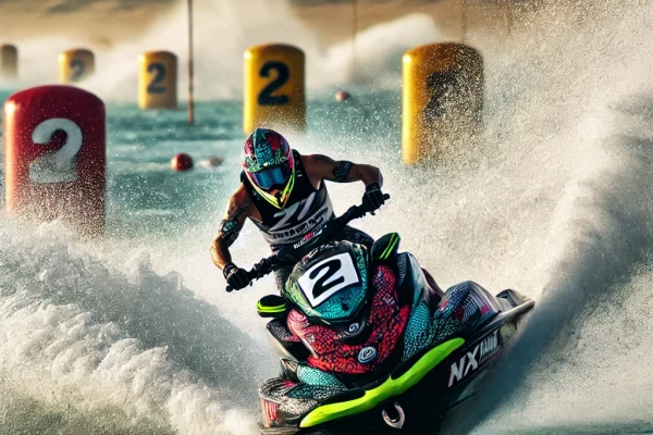DALL·E 2025-03-11 12.32.46 - A high-speed Aquabike race in action, featuring a professional rider on a powerful jet ski cutting through ocean waves. The athlete is leaning into a