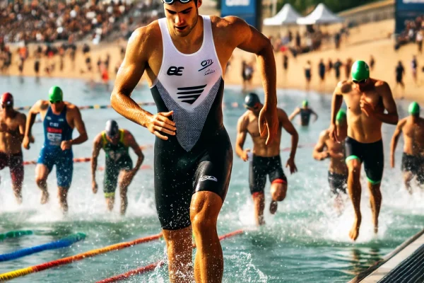 DALL·E 2025-03-11 12.34.09 - A competitive Aquatlo race in progress, featuring athletes transitioning from the swimming stage in open water to running on a beachside track. The le
