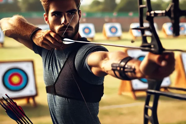 DALL·E 2025-03-11 12.37.38 - A professional archer in competition, aiming at a distant target with precision. The athlete is in perfect stance, drawing a modern recurve bow, with