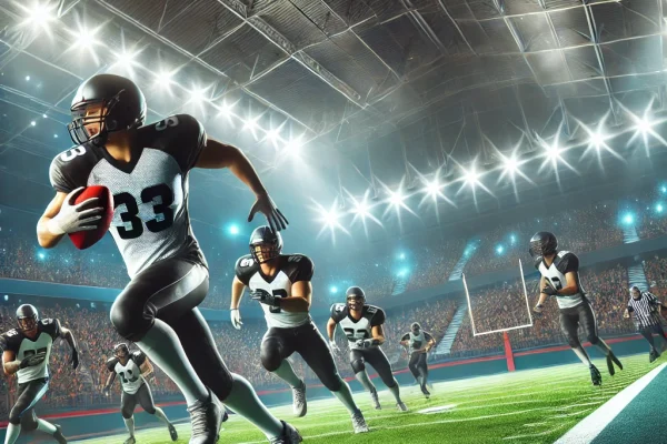 DALL·E 2025-03-11 12.39.15 - A high-energy Arena Football game in action inside an indoor stadium. Players in full football gear are sprinting across the compact field, engaging i
