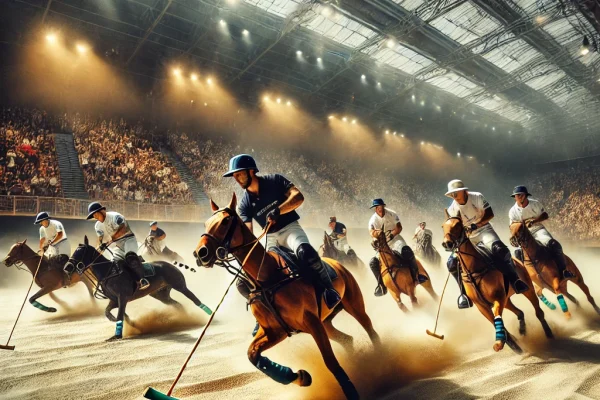 DALL·E 2025-03-11 12.41.26 - A fast-paced Arena Polo match inside an enclosed sand arena. Skilled players on horseback are maneuvering rapidly, using mallets to strike a bright-co
