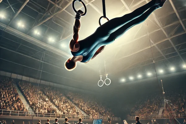 DALL·E 2025-03-11 12.44.01 - A professional gymnast performing on the rings in a gymnastics competition. The athlete is executing a perfect crucifix position, demonstrating immens