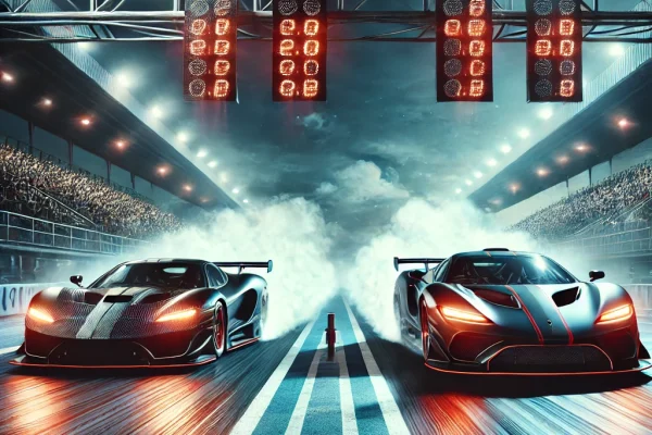 DALL·E 2025-03-11 12.47.05 - A high-speed drag racing event with two powerful race cars accelerating off the starting line, leaving behind trails of smoke and tire marks. The scen