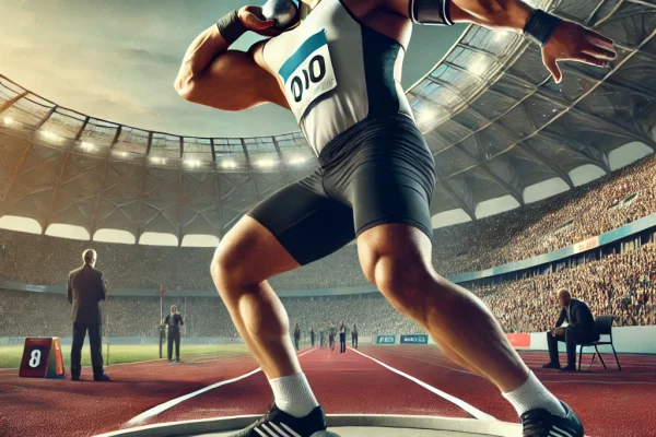 DALL·E 2025-03-11 12.55.27 - A professional shot put athlete in mid-action, executing a powerful throw in a stadium competition. The athlete is wearing a sports uniform, with musc