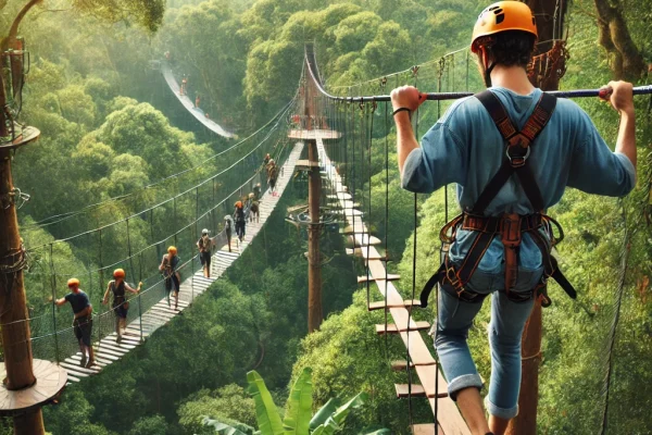 DALL·E 2025-03-11 12.56.59 - A thrilling tree-top adventure course with participants engaging in Arvorismo. A person is crossing a suspended rope bridge high among lush green tree
