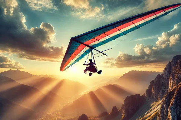 DALL·E 2025-03-11 13.04.46 - A breathtaking hang gliding (Asa-Delta) scene with a pilot soaring high above a mountainous landscape. The pilot is suspended under a sleek, colorful