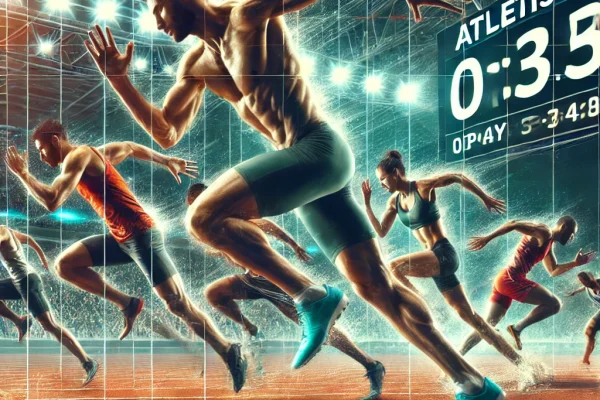 DALL·E 2025-03-11 14.03.02 - A dynamic track and field (Atletismo) competition featuring multiple athletes sprinting on a professional stadium track. The scene captures the intens