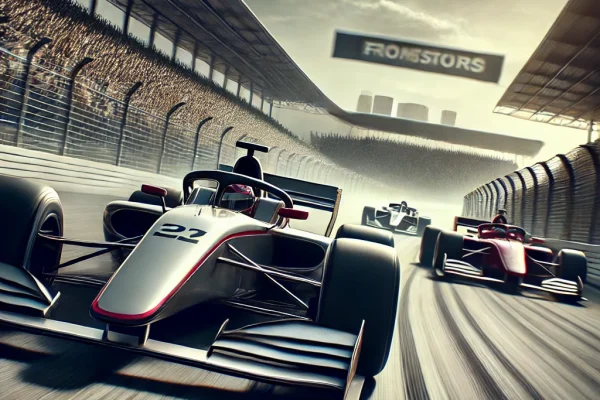 DALL·E 2025-03-11 14.37.48 - A high-speed motorsport (Automobilismo) race featuring sleek Formula-style race cars speeding down a professional racetrack. The leading car is naviga