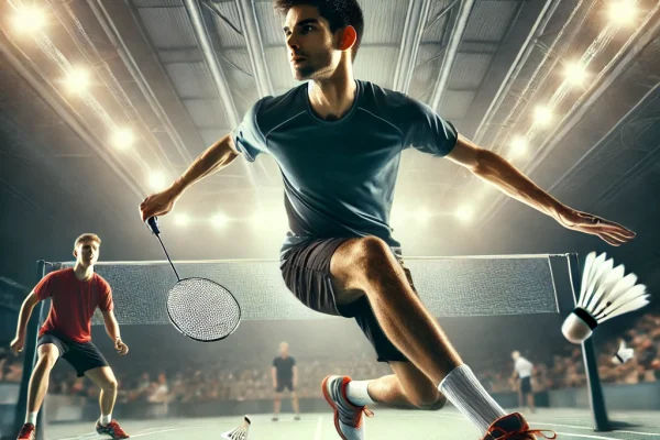 DALL·E 2025-03-11 14.42.23 - A competitive badminton match in action, featuring two professional players in a fast-paced rally. The athlete in the foreground is lunging forward, p