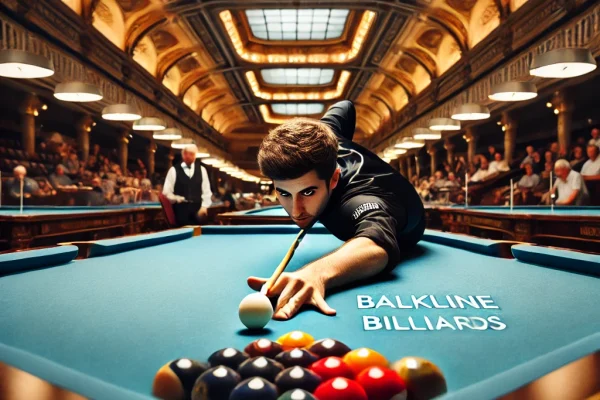 DALL·E 2025-03-11 14.44.32 - A professional Balkline billiards match in progress, featuring a skilled player carefully aiming a precise shot on a carom billiards table. The table