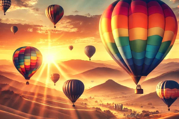 DALL·E 2025-03-11 14.45.54 - A breathtaking hot air balloon (Balonismo) competition at sunrise, featuring multiple colorful balloons soaring over a scenic landscape. The leading b