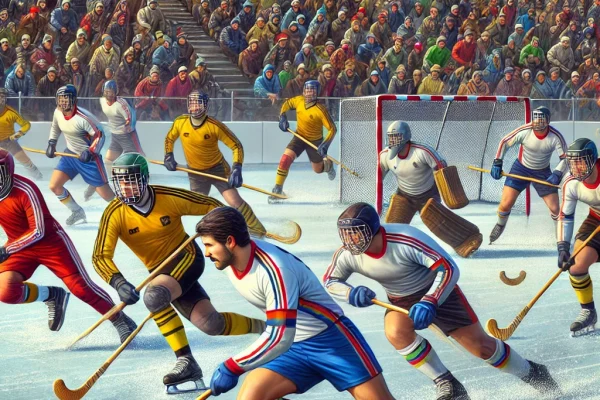 DALL·E 2025-03-11 14.47.29 - A fast-paced Bandy match on an outdoor ice field, featuring two opposing teams in colorful uniforms chasing a small ball with curved sticks. Players a