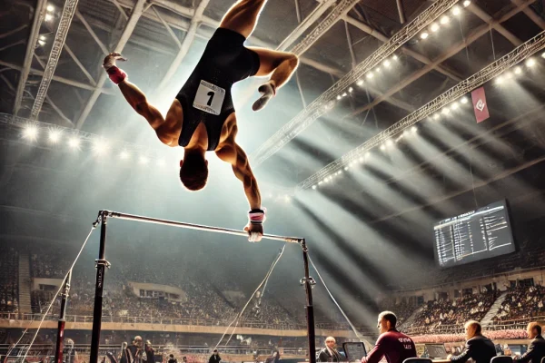 DALL·E 2025-03-11 14.48.54 - A professional gymnast performing a high-flying routine on the horizontal bar (Barra Fixa) during a competition. The athlete is mid-air after releasin