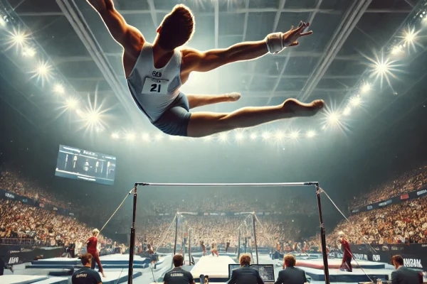 DALL·E 2025-03-11 14.51.35 - A professional gymnast performing a complex routine on the parallel bars (Barras Paralelas) during a competition. The athlete is mid-air, executing a