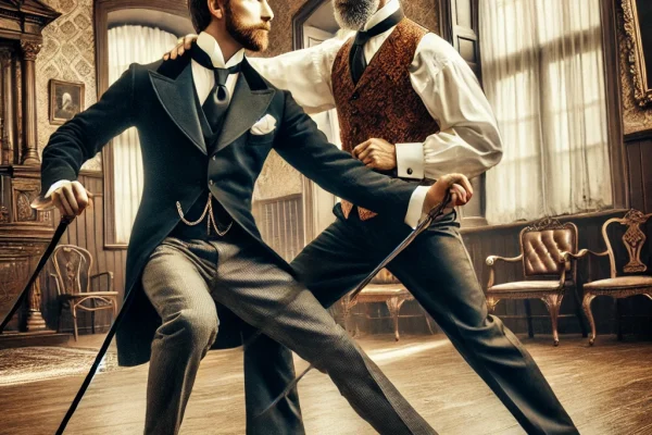 DALL·E 2025-03-11 14.53.24 - A historical Bartitsu self-defense demonstration in a Victorian-era setting. Two well-dressed gentlemen in 19th-century attire engage in a combat scen