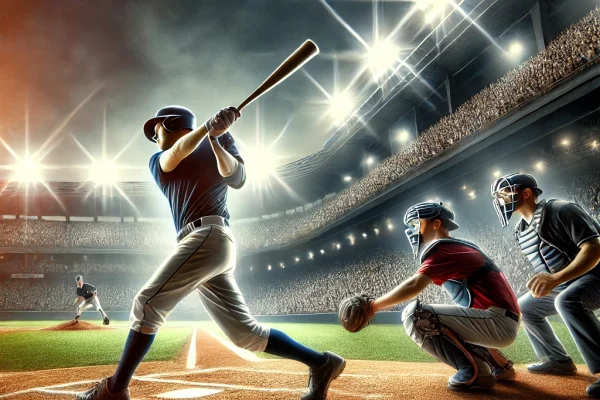 DALL·E 2025-03-11 14.55.07 - A professional baseball game in action, featuring a batter swinging at a fastball, a pitcher in motion, and a catcher ready behind home plate. The sta