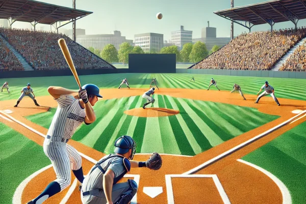 DALL·E 2025-03-11 14.56.30 - A competitive Finnish baseball (Pesäpallo) match in progress, featuring a batter preparing to hit a vertically thrown ball, while a fielder is ready t