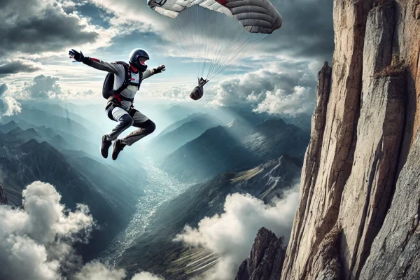 DALL·E 2025-03-11 15.00.14 - A daring BASE jumper mid-air after leaping off a towering cliff, with a parachute beginning to deploy. The athlete is wearing a wingsuit and helmet, c