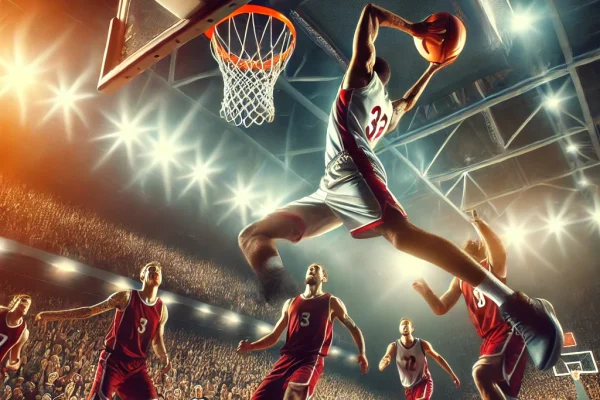 DALL·E 2025-03-11 15.02.58 - A professional basketball game in action, featuring a player making a slam dunk while defenders attempt to block. The arena is filled with cheering fa