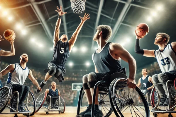 DALL·E 2025-03-11 15.05.59 - A high-energy wheelchair basketball game in action. Players in specialized sports wheelchairs are engaged in a competitive match, with one athlete att