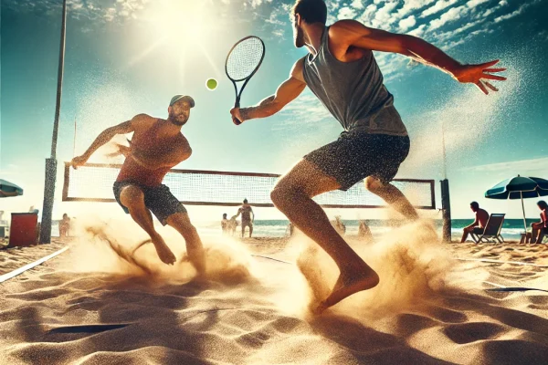 DALL·E 2025-03-11 15.07.40 - A competitive Beach Tennis match in action on a sunny beach. Two athletic players are engaged in a fast-paced rally, with one leaping to hit a powerfu