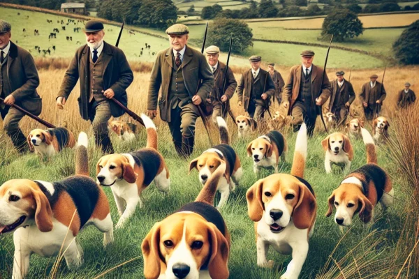 DALL·E 2025-03-11 15.09.08 - A traditional Beagling event in the countryside, featuring a group of hunters walking alongside a pack of energetic Beagle dogs. The Beagles are activ