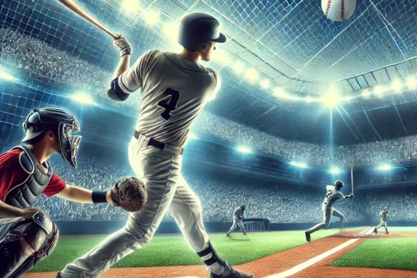 DALL·E 2025-03-11 15.10.28 - A professional baseball game in action, featuring a batter swinging at a fastball, a pitcher in motion, and a catcher ready behind home plate. The sta