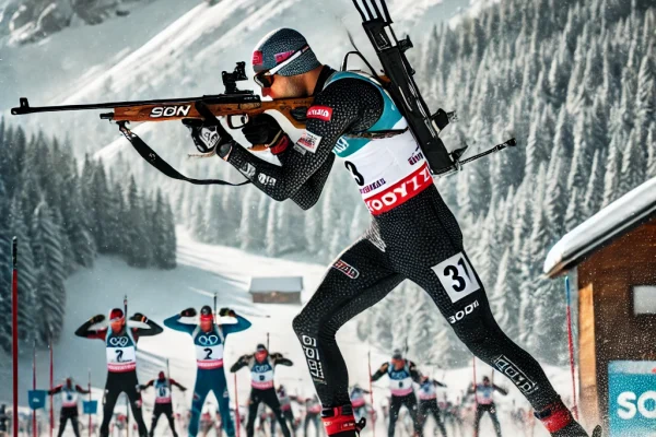 DALL·E 2025-03-11 15.30.49 - A professional Biathlon competition in a snowy mountain setting. An athlete in winter sports gear is skiing at high speed towards a shooting range, pr