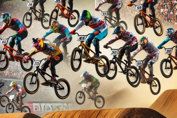 DALL·E 2025-03-11 15.34.19 - A high-speed BMX (Bicicross) race in action on a dirt track with jumps and tight turns. Multiple riders in colorful racing gear and helmets are airbor