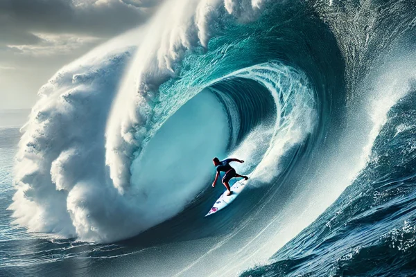 DALL·E 2025-03-11 15.36.47 - A professional big wave surfer riding a massive, towering wave at a famous surf break. The athlete is skillfully balancing on a surfboard, carving thr