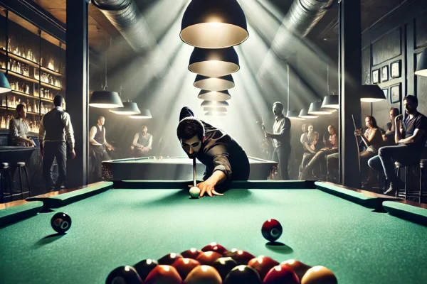 DALL·E 2025-03-11 15.38.18 - A professional billiards match in progress, featuring a skilled player lining up a precise shot on a pool table. The scene is illuminated by overhead