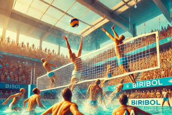 DALL·E 2025-03-11 15.39.31 - A competitive Biribol match in action, featuring two teams playing volleyball in a swimming pool. Players are leaping out of the water, reaching for a