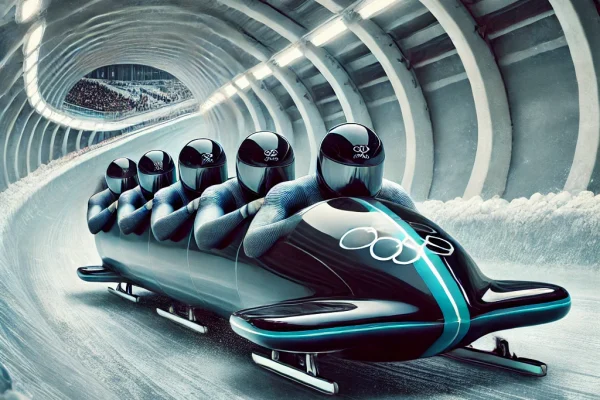 DALL·E 2025-03-11 15.41.01 - A high-speed Bobsled race in action, featuring a sleek four-man sled racing down an icy track. The athletes are tightly positioned inside the aerodyna