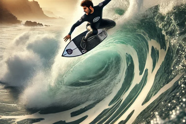 DALL·E 2025-03-11 15.46.06 - A professional bodyboarder riding a powerful wave, performing an aerial maneuver above the curling water. The athlete is wearing a wetsuit and fins, g