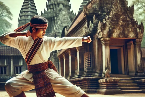 DALL·E 2025-03-11 15.47.21 - A traditional Bokator martial artist demonstrating an ancient combat stance in an outdoor temple setting. The practitioner is wearing a ceremonial hea