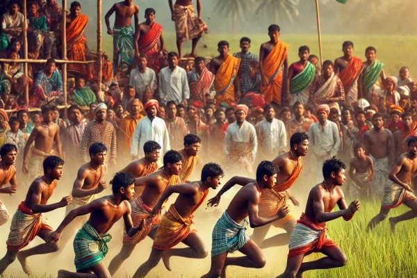 DALL·E 2025-03-11 15.50.37 - A traditional Oli Khela sports game taking place in a rural Bengal village, featuring young athletes competing in an energetic event. The players are