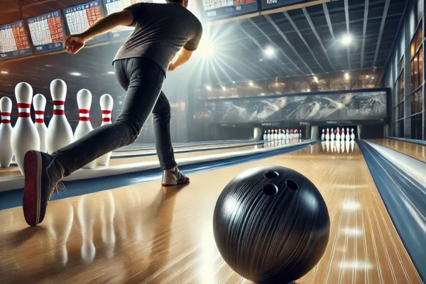 DALL·E 2025-03-11 15.53.44 - A professional bowling match in action, featuring a player releasing a bowling ball towards a set of pins. The ball is rolling smoothly down a polishe