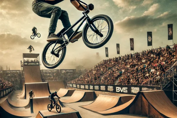 DALL·E 2025-03-11 15.54.52 - A high-energy BMX competition featuring a cyclist mid-air performing a stunt on a dirt track with large ramps. The athlete is wearing a helmet and pro
