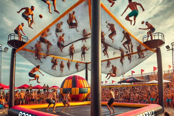 DALL·E 2025-03-11 15.56.15 - A high-energy Bossaball match in action, featuring players leaping high from inflatable trampolines to spike a ball over the net. The court is a vibra