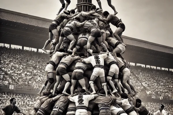 DALL·E 2025-03-11 15.58.33 - A high-intensity Bo-Taoshi match in progress, featuring two massive teams engaged in a chaotic battle to defend and attack a tall wooden pole. Players