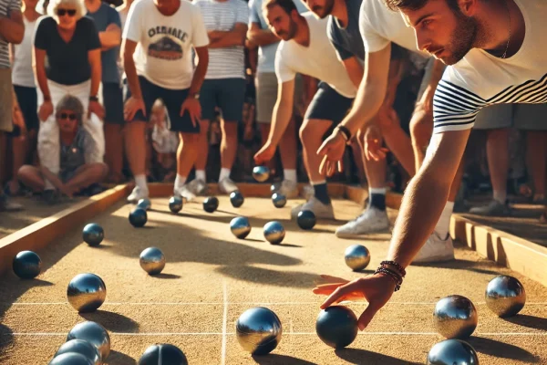 DALL·E 2025-03-11 16.00.01 - A competitive Boules match in progress, featuring players carefully aiming and tossing metallic balls towards a small target ball (cochonnet). The set