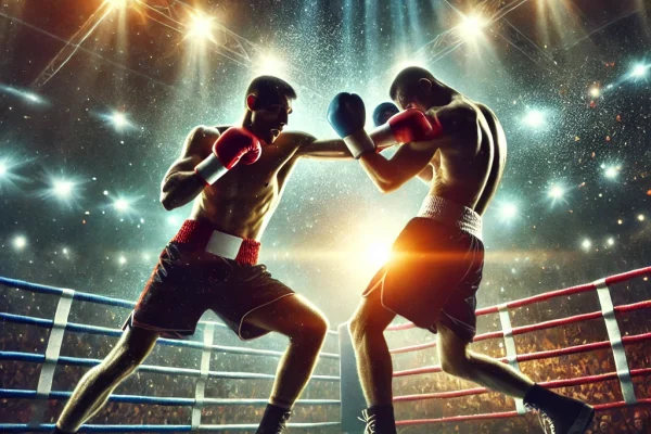 DALL·E 2025-03-11 16.01.49 - A high-energy boxing match in action, featuring two professional fighters in the ring exchanging powerful punches. The scene is illuminated by bright